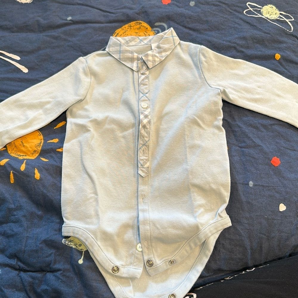 Burberry Light Blue Button-Down Baby Bodysuit with Plaid Trim